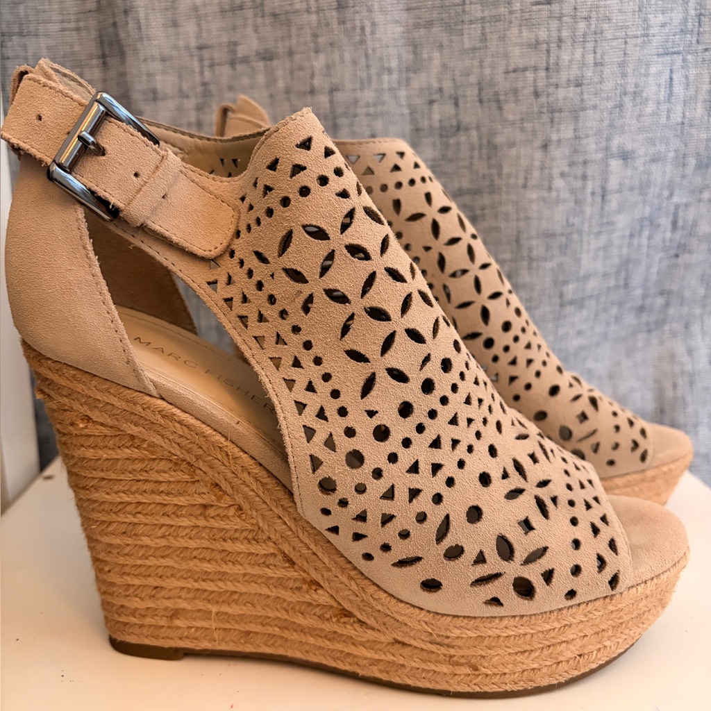 Marc Fisher Helda Women's Laser Cut Design Beige Espadrille Wedge